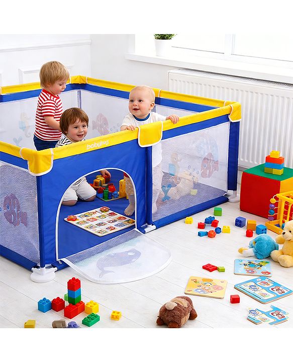 Babyhug Smart Portable Playpen with Safety Lock & Play Fence  Dark Blue| Spacious Baby Play Area| Foldable Panels| Indoor & Outdoor Use| Easy to Assemble| Safe Play Zone for Babies & Toddlers