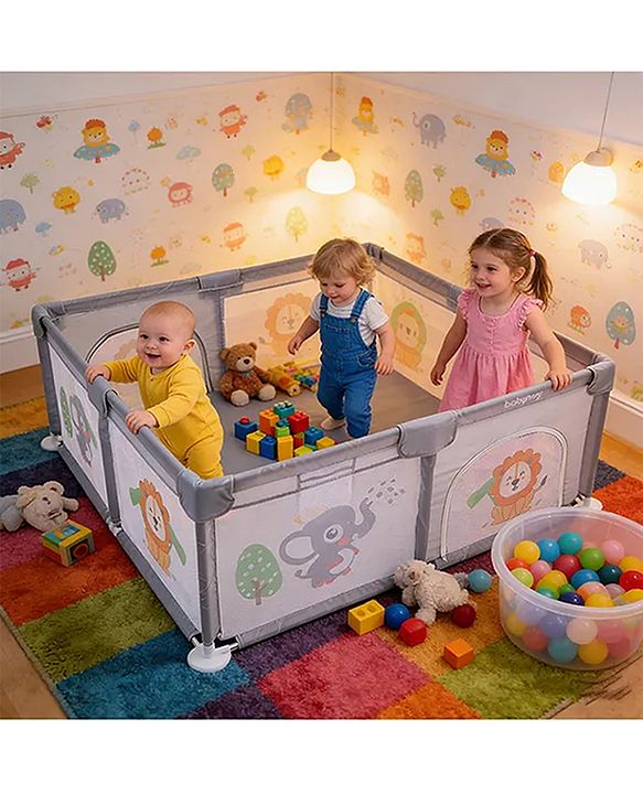 Babyhug Smart Portable Playpen with Safety Lock & Play Fence  Grey| Spacious Baby Play Area| Foldable Panels| Indoor & Outdoor Use| Easy to Assemble| Safe Play Zone for Babies & Toddlers