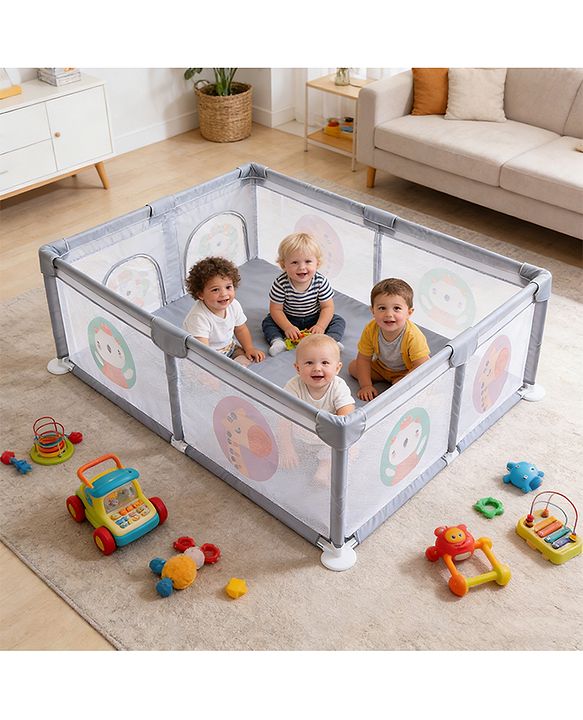 Babyhug Smart Portable Playpen with Safety Lock & Play Fence  Grey| Spacious Baby Play Area| Foldable Panels| Indoor & Outdoor Use| Easy to Assemble| Safe Play Zone for Babies & Toddlers