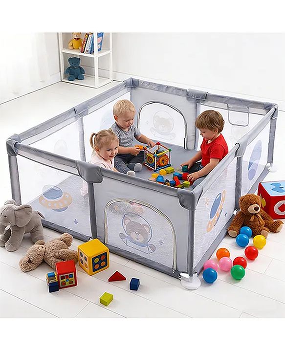 Babyhug Smart Portable Playpen with Safety Lock & Play Fence  Grey| Spacious Baby Play Area| Foldable Panels| Indoor & Outdoor Use| Easy to Assemble| Safe Play Zone for Babies & Toddlers