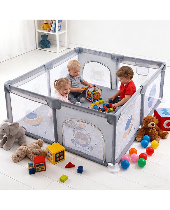 Babyhug Smart Portable Playpen with Safety Lock & Play Fence  Grey| Spacious Baby Play Area| Foldable Panels| Indoor & Outdoor Use| Easy to Assemble| Safe Play Zone for Babies & Toddlers