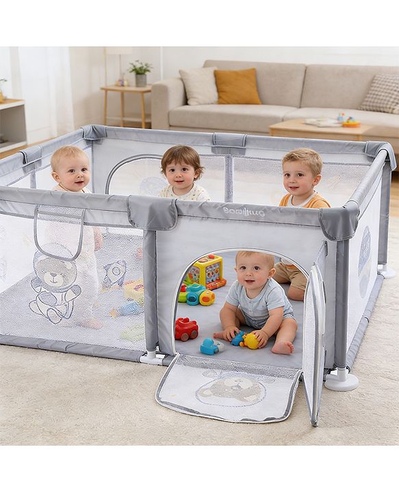 Babyhug Smart Portable Playpen with Safety Lock & Play Fence  Grey| Spacious Baby Play Area| Foldable Panels| Indoor & Outdoor Use| Easy to Assemble| Safe Play Zone for Babies & Toddlers