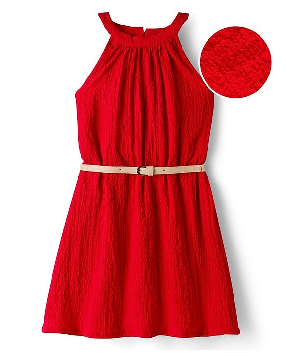 Pine Kids Woven Sleeveless Solid Textured Frock With Belt - Red