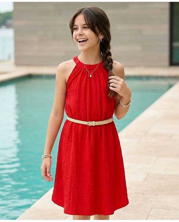 Pine Kids Woven Sleeveless Solid Textured Frock With Belt - Red