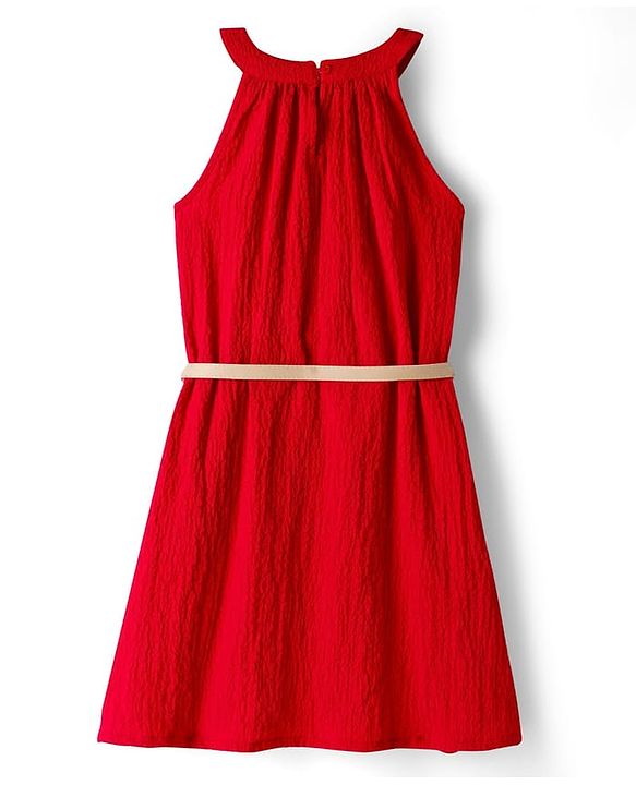Pine Kids Woven Sleeveless Solid Textured Frock With Belt - Red