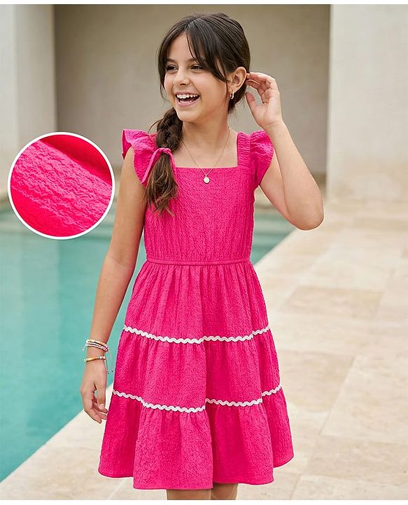 Pine Kids Woven Sleeveless Solid Colour Tiered Frock - Fuchsia