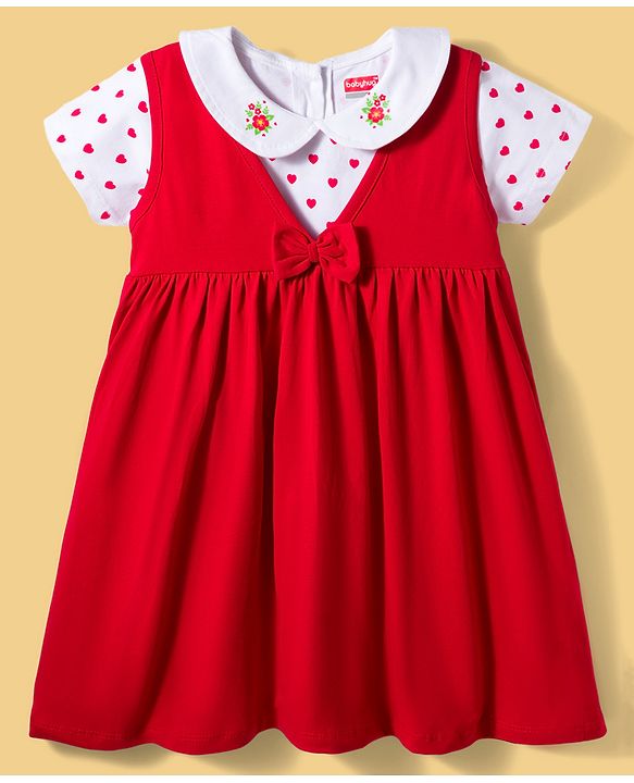 Babyhug Single Jersey Knit Half Sleeves Heart Printed T-Shirt & Frock with Bow Applique - Red