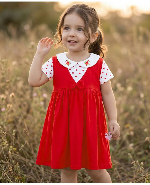 Babyhug Single Jersey Knit Half Sleeves Heart Printed T-Shirt & Frock with Bow Applique - Red
