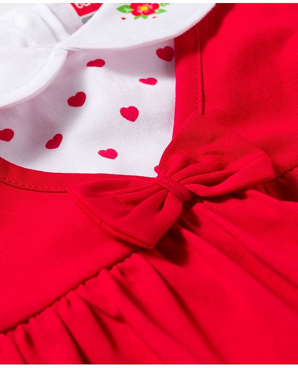 Babyhug Single Jersey Knit Half Sleeves Heart Printed T-Shirt & Frock with Bow Applique - Red