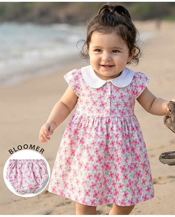 Babyhug Single Jersey Knit Cap Sleeves Floral Printed Frock with Bloomer - Pink