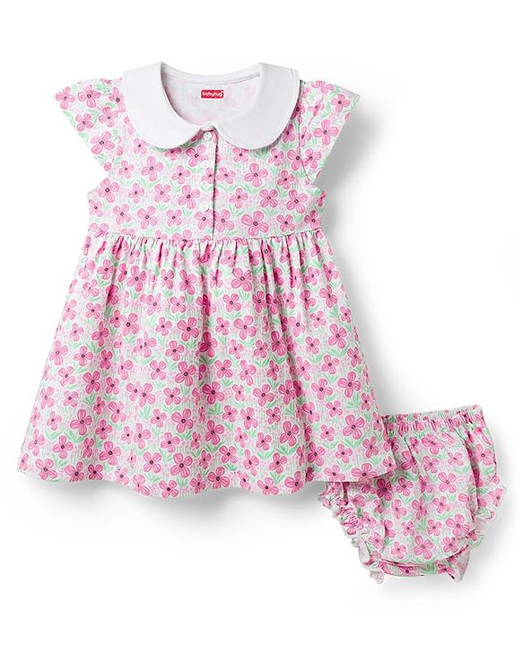 Babyhug Single Jersey Knit Cap Sleeves Floral Printed Frock with Bloomer - Pink