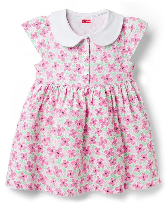 Babyhug Single Jersey Knit Cap Sleeves Floral Printed Frock with Bloomer - Pink