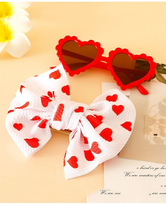 Babyhug Free Size Hearts Printed Headband With Bow Applique & Sunglasses - Red