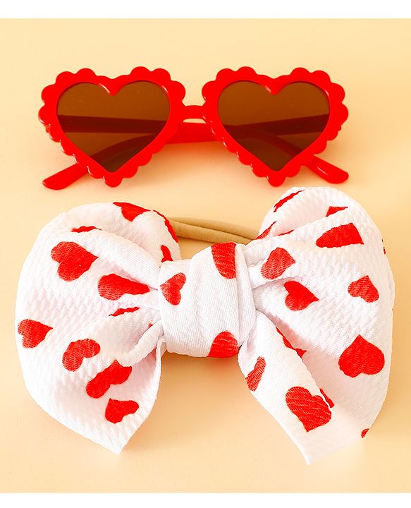 Babyhug Free Size Hearts Printed Headband With Bow Applique & Sunglasses - Red