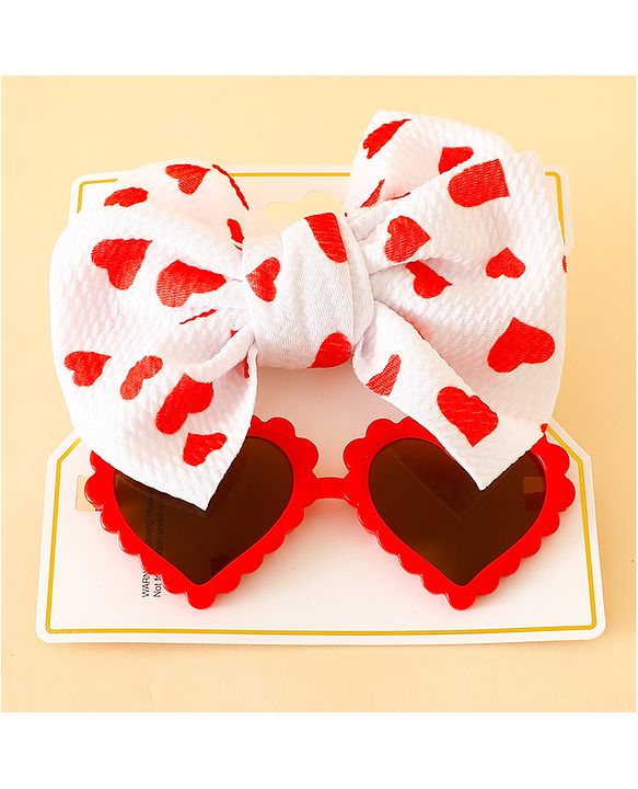 Babyhug Free Size Hearts Printed Headband With Bow Applique & Sunglasses - Red
