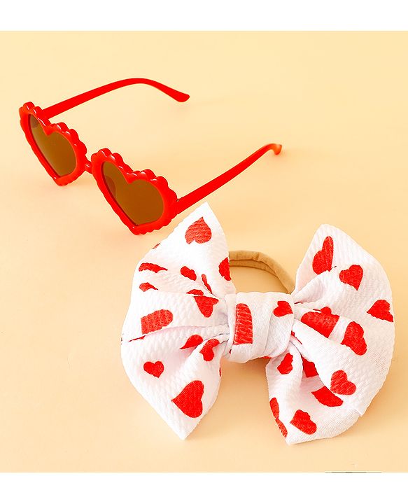 Babyhug Free Size Hearts Printed Headband With Bow Applique & Sunglasses - Red