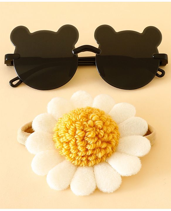 Babyhug Free Size Headband With Floral Applique & Animal Shaped Sunglasses - White & Black