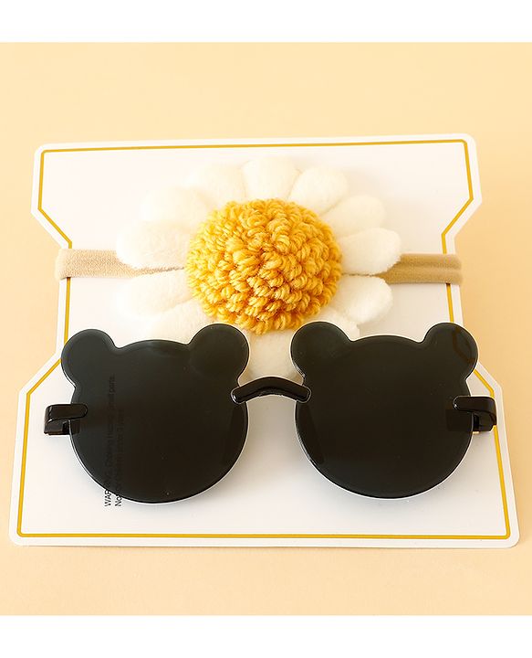 Babyhug Free Size Headband With Floral Applique & Animal Shaped Sunglasses - White & Black