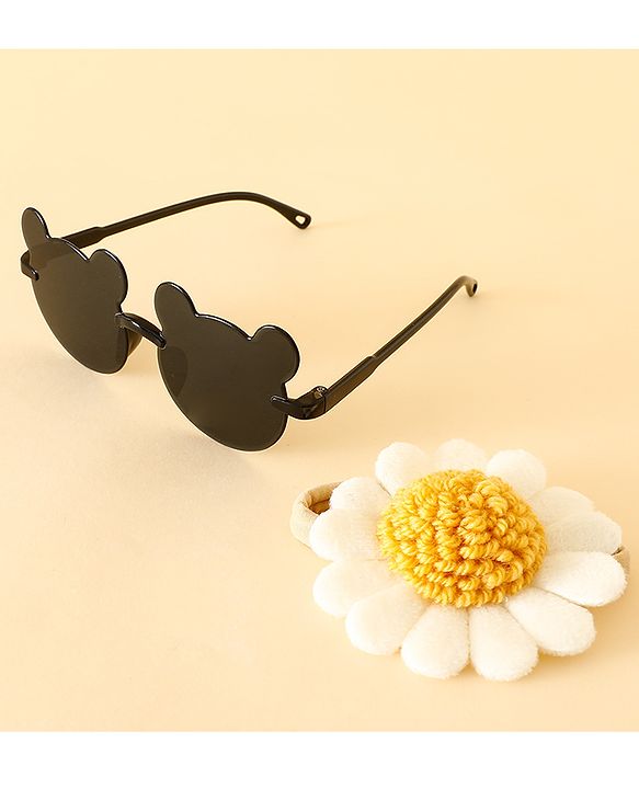 Babyhug Free Size Headband With Floral Applique & Animal Shaped Sunglasses - White & Black