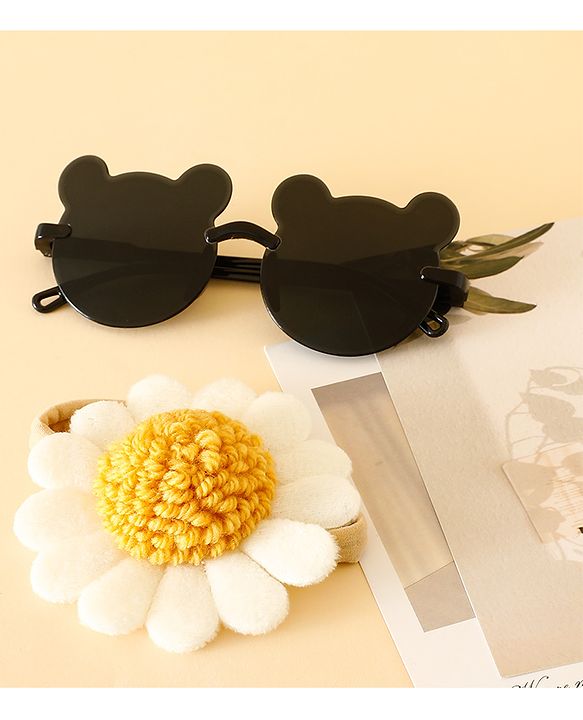 Babyhug Free Size Headband With Floral Applique & Animal Shaped Sunglasses - White & Black