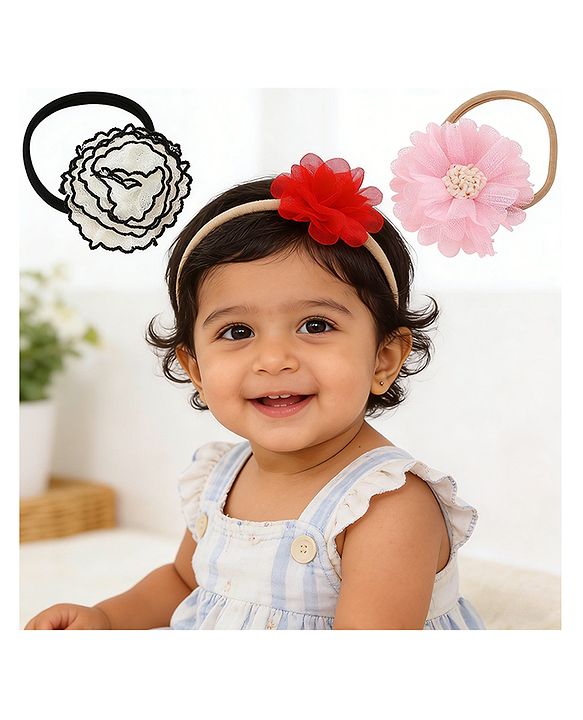 Babyhug Headband with Floral Applique Pack of 3 Free Size - Multicolor