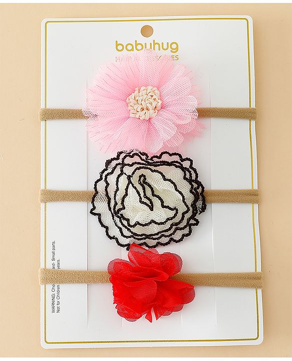 Babyhug Headband with Floral Applique Pack of 3 Free Size - Multicolor