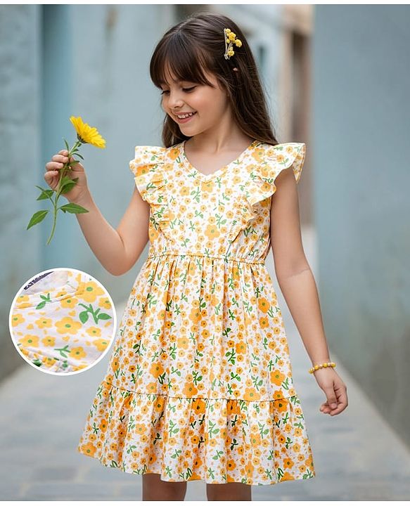 Pine Kids 100% Cotton Knit Sleeveless Floral Printed Frock - Multicolour