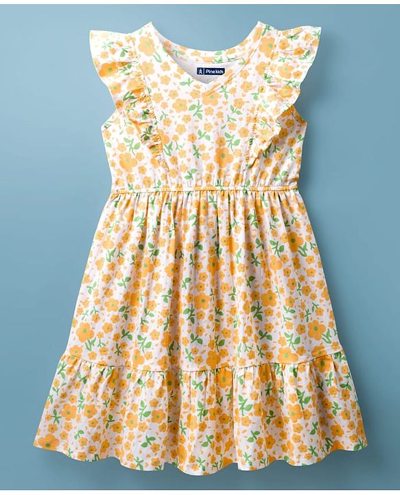 Pine Kids 100% Cotton Knit Sleeveless Floral Printed Frock - Multicolour