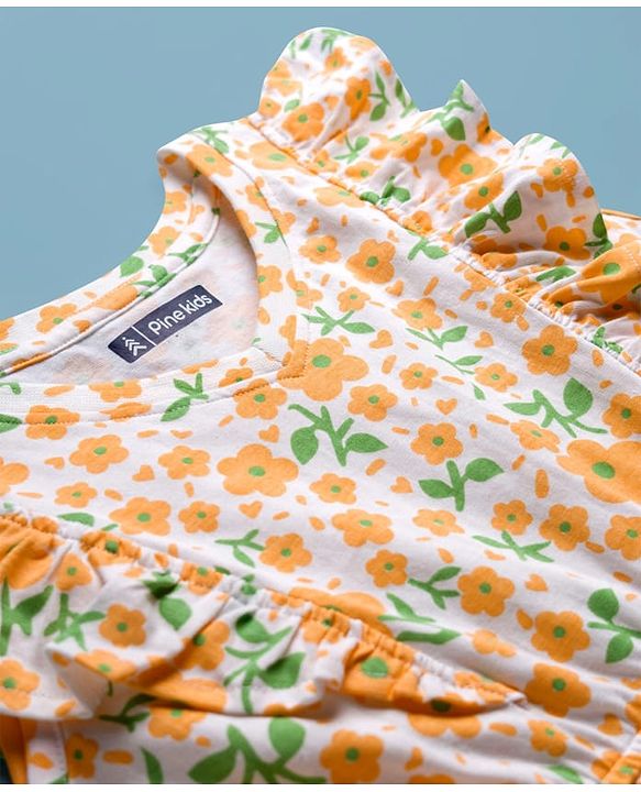 Pine Kids 100% Cotton Knit Sleeveless Floral Printed Frock - Multicolour