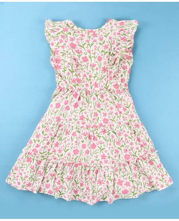 Pine Kids Cotton Knit Frill Sleeves Frock With Floral Print - Multicolor