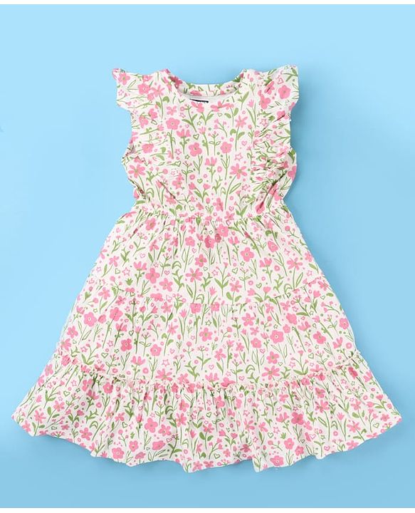 Pine Kids Cotton Knit Frill Sleeves Frock With Floral Print - Multicolor