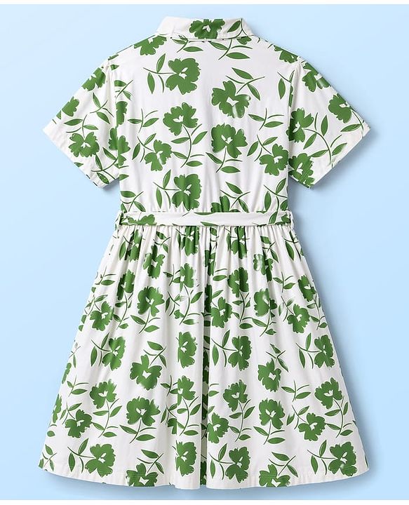 Pine Kids 100% Cotton Knit Half Sleeves Floral Printed Frock With Belt - Multicolor