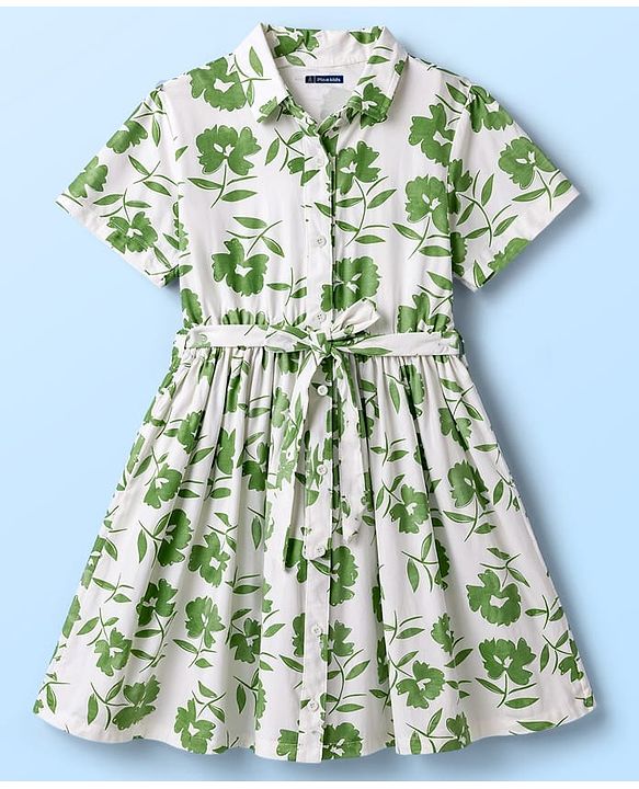 Pine Kids 100% Cotton Knit Half Sleeves Floral Printed Frock With Belt - Multicolor