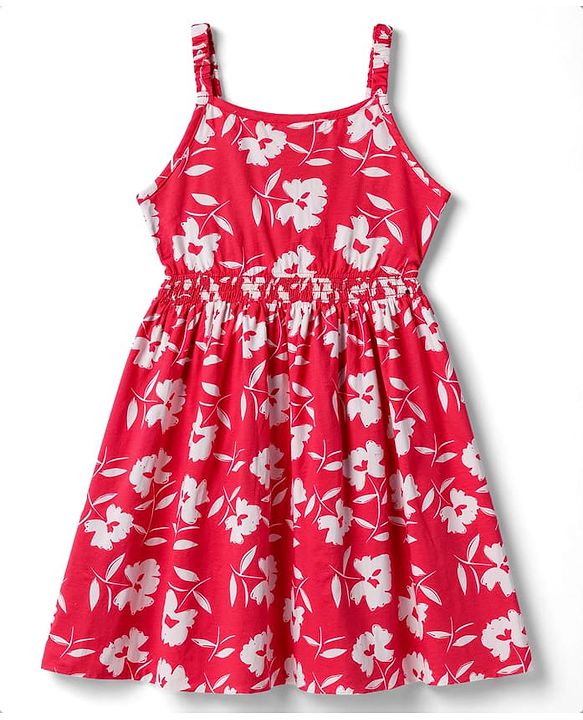 Pine Kids Cotton Knit Sleeveless Floral Printed Frock - Red