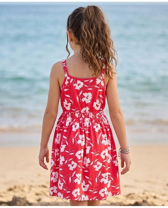Pine Kids Cotton Knit Sleeveless Floral Printed Frock - Red
