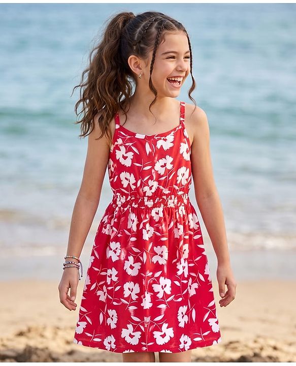 Pine Kids Cotton Knit Sleeveless Floral Printed Frock - Red