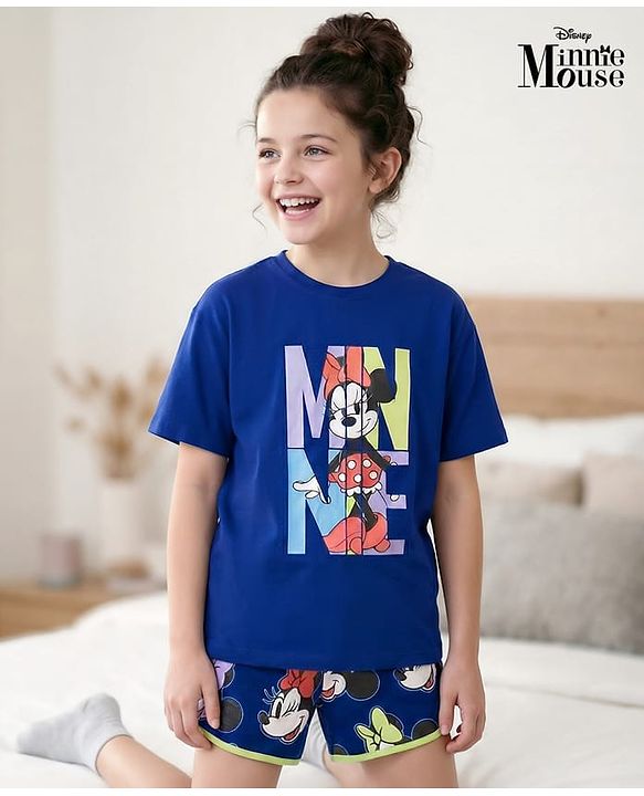 Pine Kids Disney Single Jersey Knit Half Sleeves T-Shirt & Shorts Night Suit With Minnie Mouse Graphics - Blue