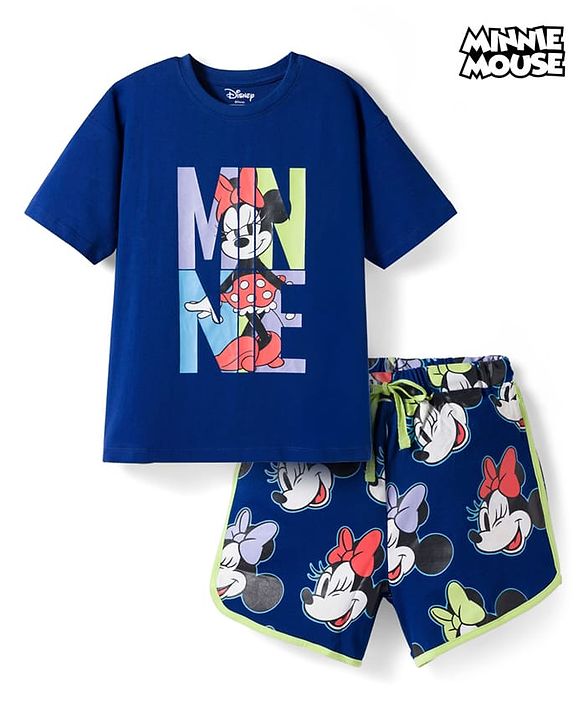 Pine Kids Disney Single Jersey Knit Half Sleeves T-Shirt & Shorts Night Suit With Minnie Mouse Graphics - Blue