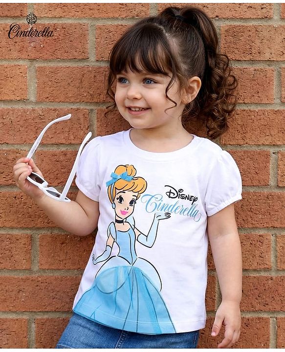 Babyhug Disney Single Jersey Knit Half Sleeves T-Shirt With Cinderella Graphics - White