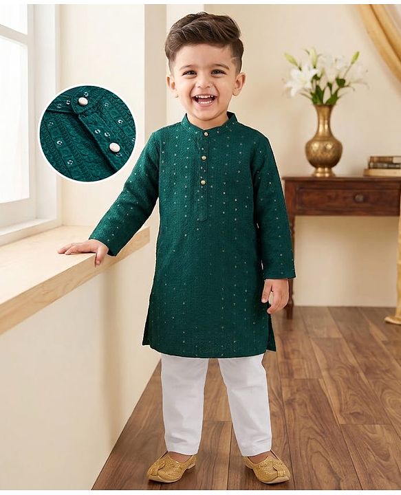 Babyhug Georgette Woven Full Sleeves Kurta Pajama Set with Embroidery - Green