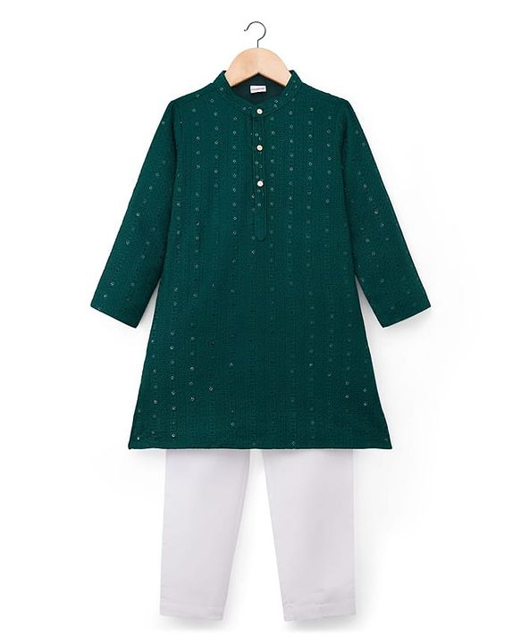 Babyhug Georgette Woven Full Sleeves Kurta Pajama Set with Embroidery - Green