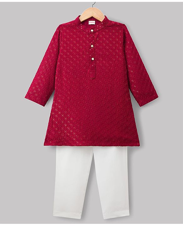 Babyhug Georgette Woven Full Sleeves Kurta Pajama Set with Embroidery - Maroon