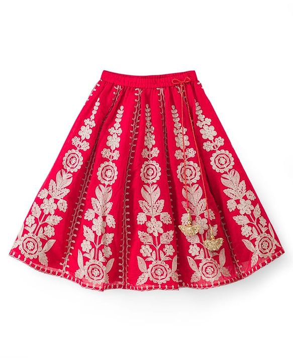 Babyhug Net Woven Half Sleeves Choli Lehenga & Dupatta Set With Floral Embroidery - Red