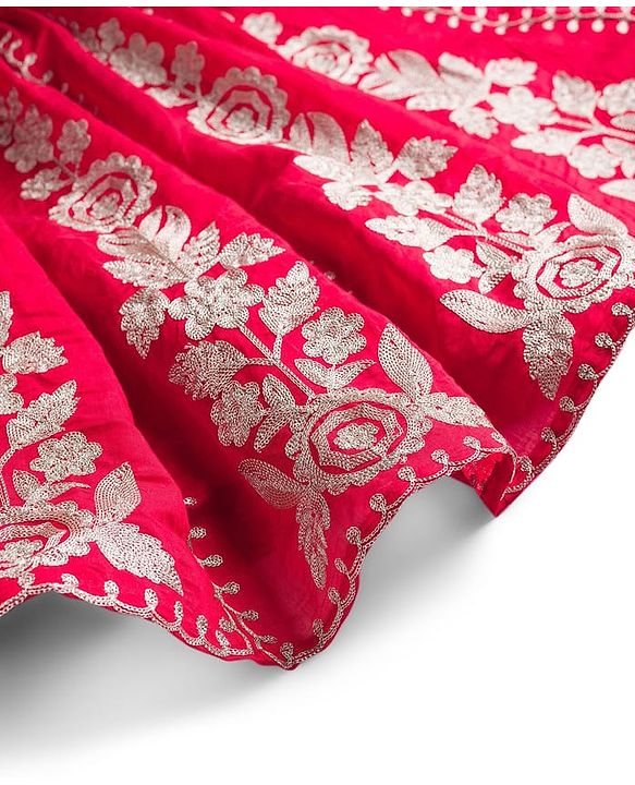 Babyhug Net Woven Half Sleeves Choli Lehenga & Dupatta Set With Floral Embroidery - Red
