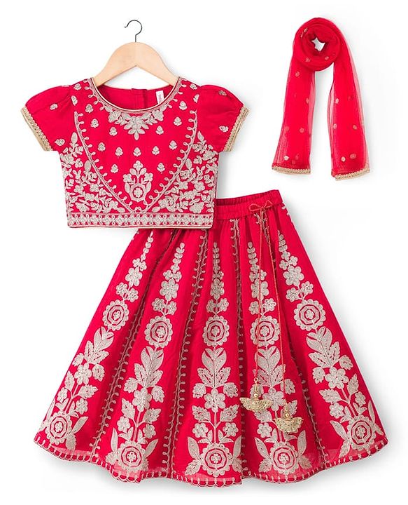 Babyhug Net Woven Half Sleeves Choli Lehenga & Dupatta Set With Floral Embroidery - Red