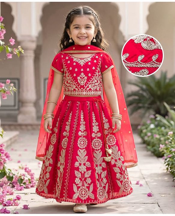 Babyhug Net Woven Half Sleeves Choli Lehenga & Dupatta Set With Floral Embroidery - Red