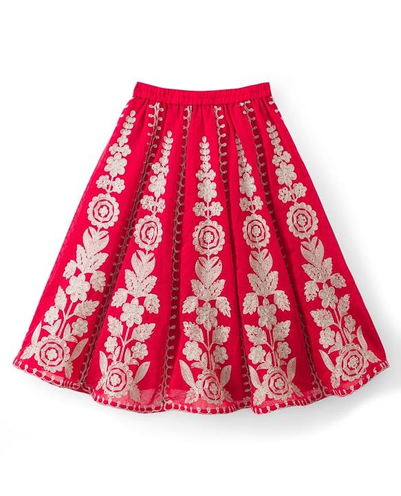 Babyhug Net Woven Half Sleeves Choli Lehenga & Dupatta Set With Floral Embroidery - Red