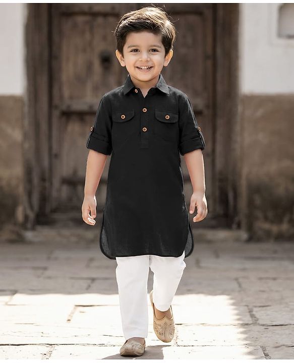 Babyhug Cotton Linen Woven Full Sleeves Solid Color Pathani Kurta Pajama Set - Black