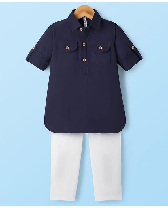Babyhug Cotton Linen Woven Full Sleeves Solid Color Pathani Kurta Pajama Set - Navy Blue
