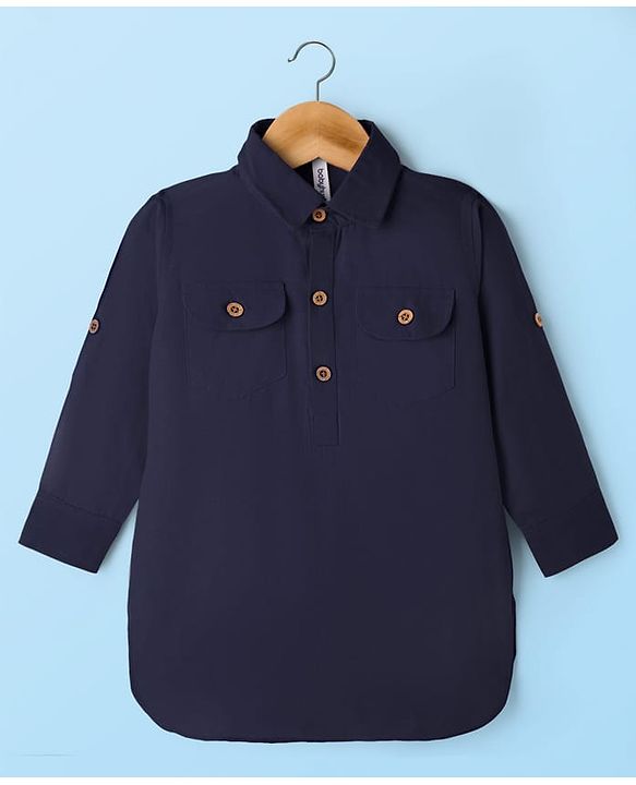 Babyhug Cotton Linen Woven Full Sleeves Solid Color Pathani Kurta Pajama Set - Navy Blue